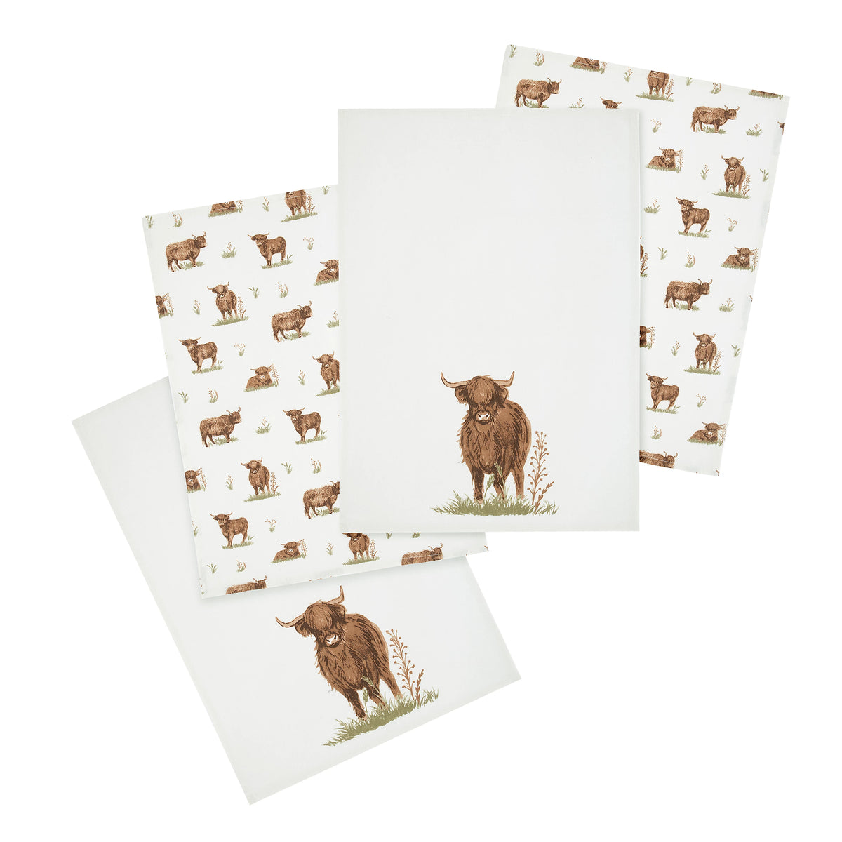 Catherine Lansfield Angus Highland Cow Cotton Kitchen Tea Towels Pack of 4 in Natural