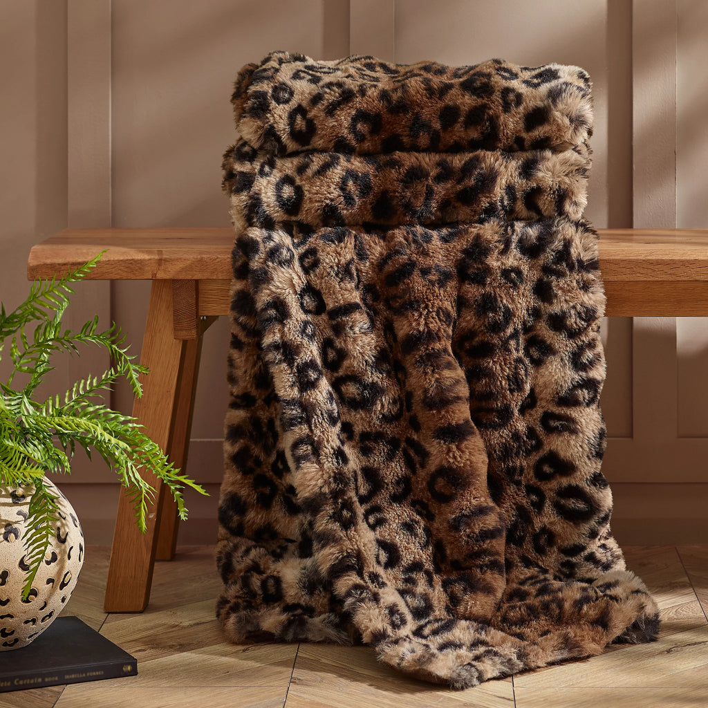 Catherine Lansfield Brown Animal Print Faux Fur Blanket Throw