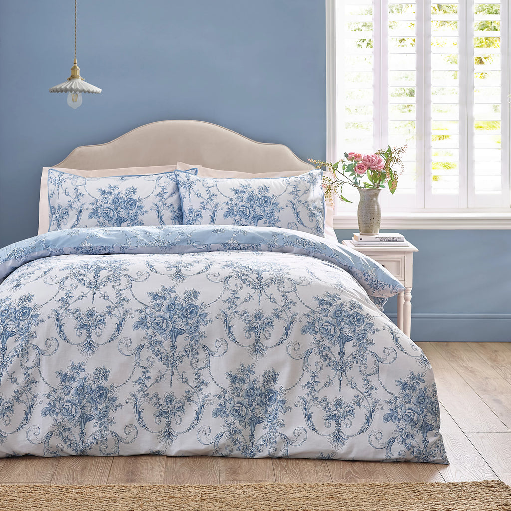 Catherine Lansfield Blue Antoinette Damask Floral Reversible Duvet Cover Set