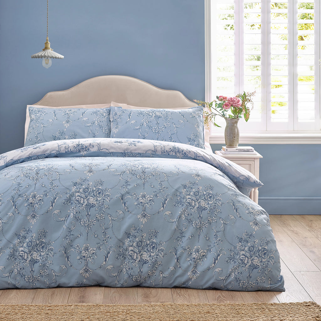 Catherine Lansfield Blue Antoinette Damask Floral Reversible Duvet Cover Set