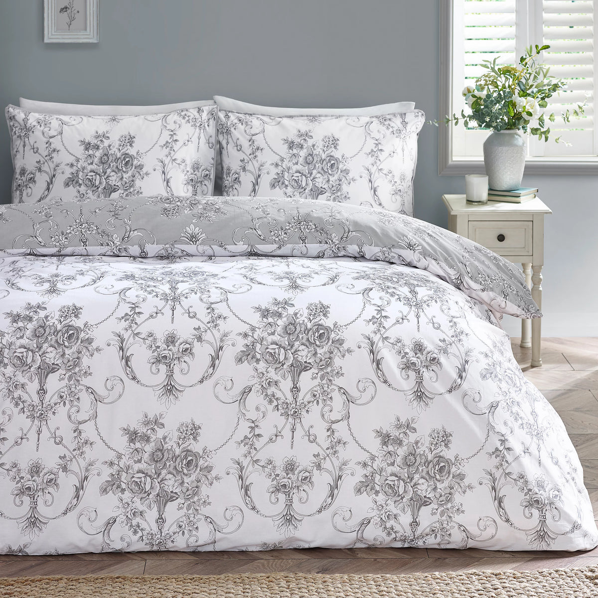 Catherine Lansfield Grey Antoinette Damask Floral Reversible Duvet Cover Set