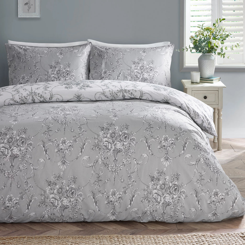 Catherine Lansfield Grey Antoinette Damask Floral Reversible Duvet Cover Set