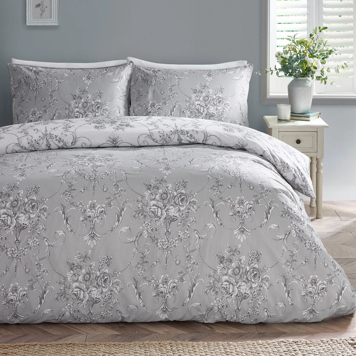 Catherine Lansfield Grey Antoinette Damask Floral Reversible Duvet Cover Set