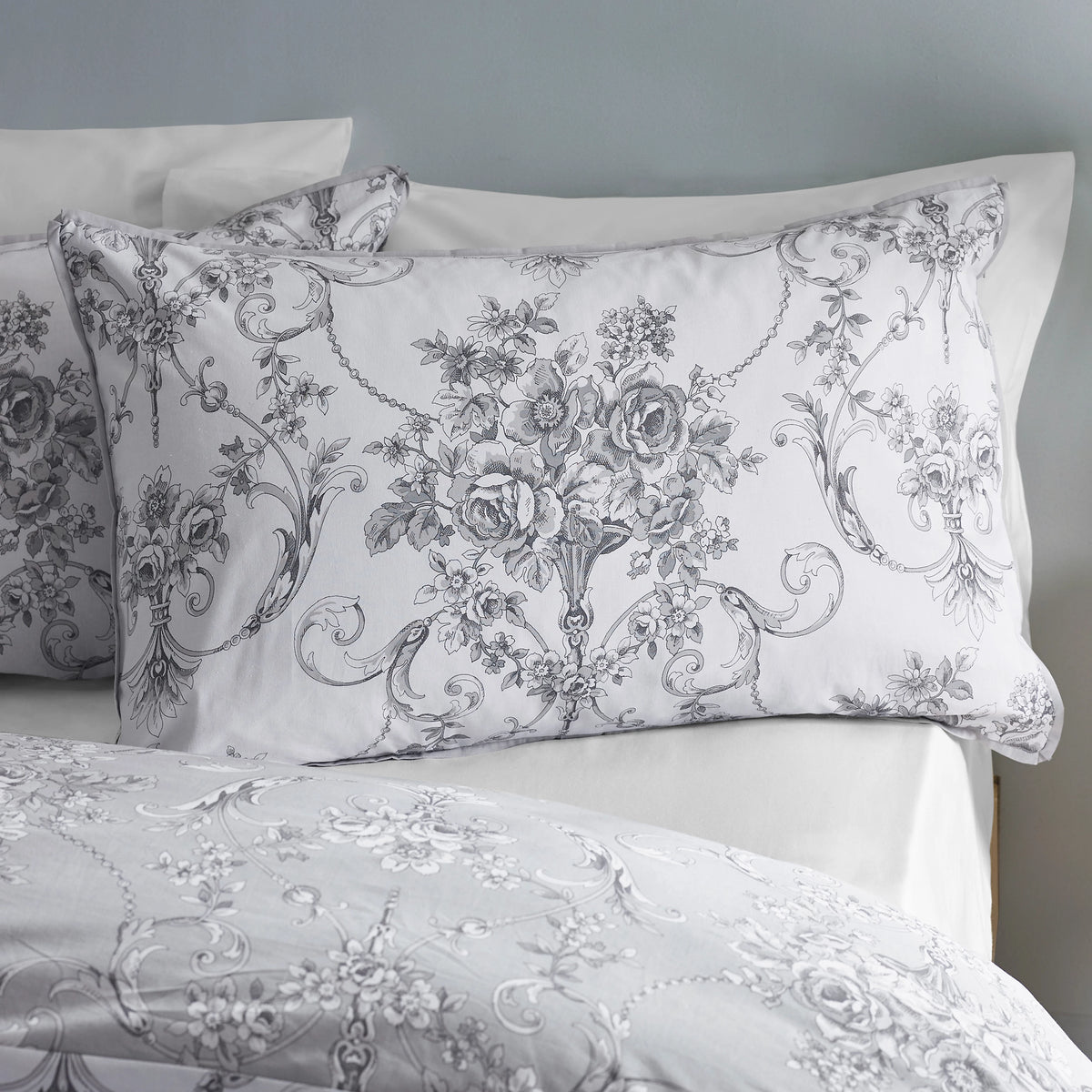 Catherine Lansfield Grey Antoinette Damask Floral Reversible Duvet Cover Set