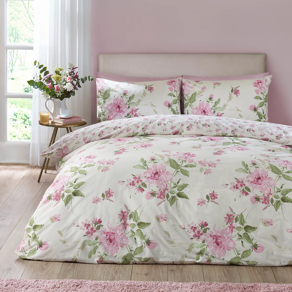 Catherine Lansfield Avebury Floral Reversible Duvet Cover Set Cream