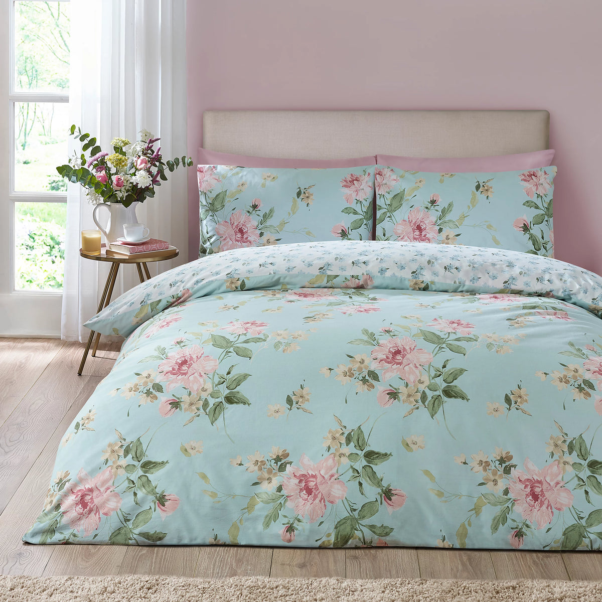 Catherine Lansfield Avebury Floral Reversible Duvet Cover Set Duck Egg Blue