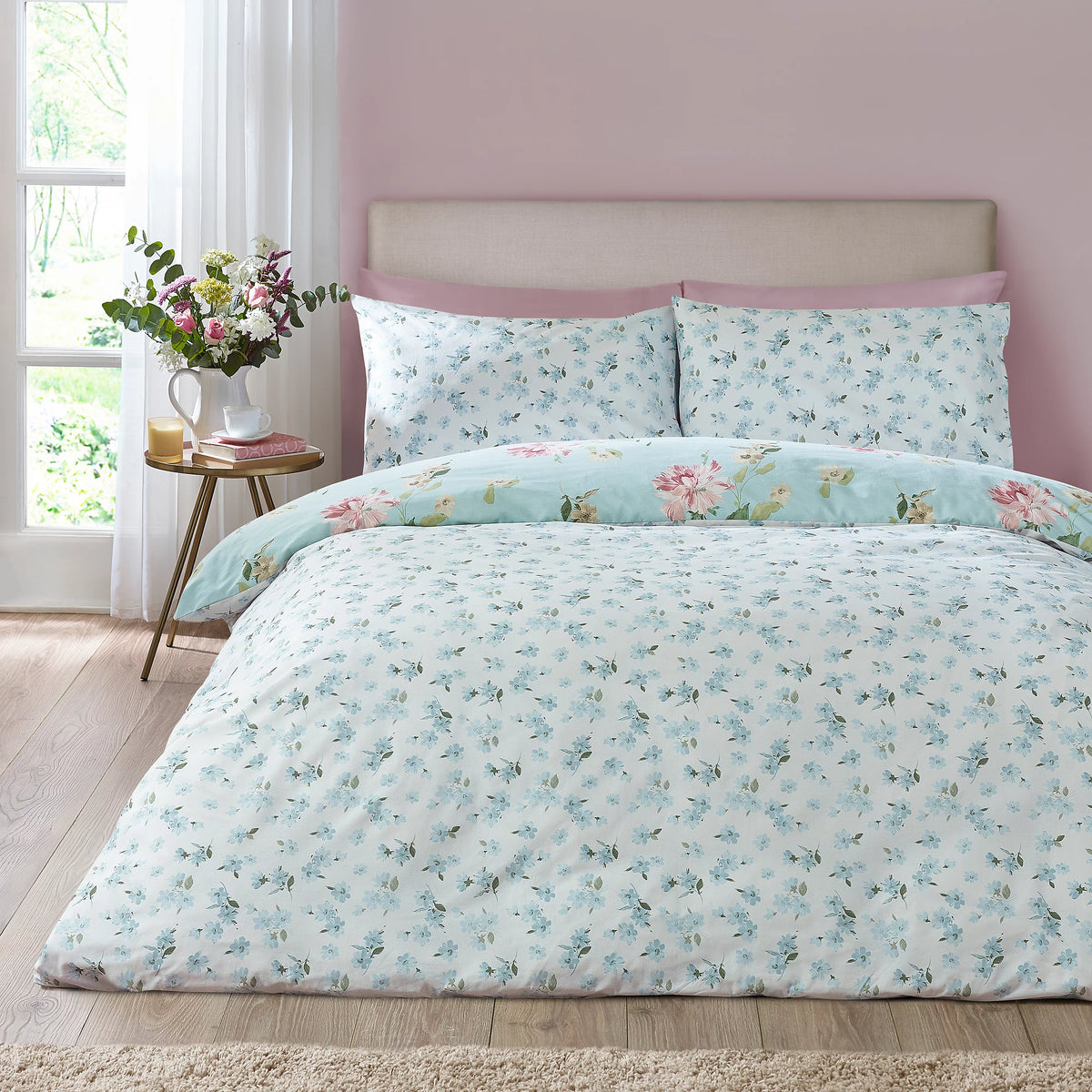 Catherine Lansfield Avebury Floral Reversible Duvet Cover Set Duck Egg Blue