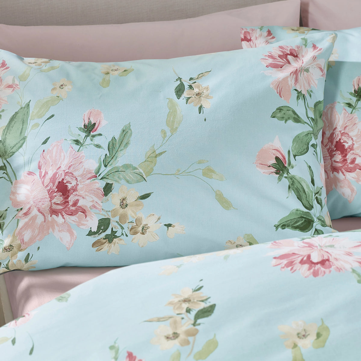 Catherine Lansfield Avebury Floral Reversible Duvet Cover Set Duck Egg Blue