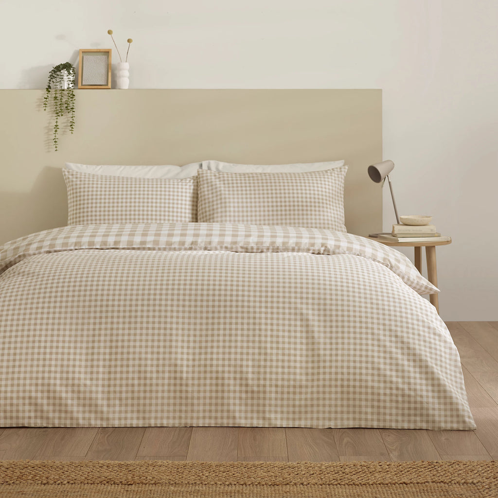 Catherine Lansfield Natural Bamford Gingham Check Reversible Duvet Cover Set