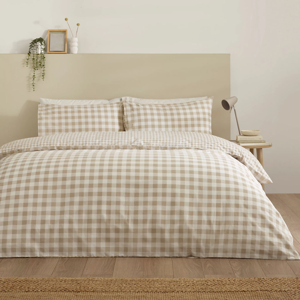 Catherine Lansfield Natural Bamford Gingham Check Reversible Duvet Cover Set