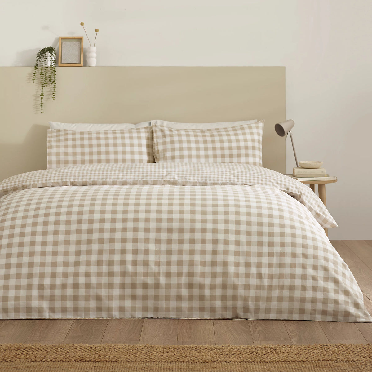 Catherine Lansfield Natural Bamford Gingham Check Reversible Duvet Cover Set
