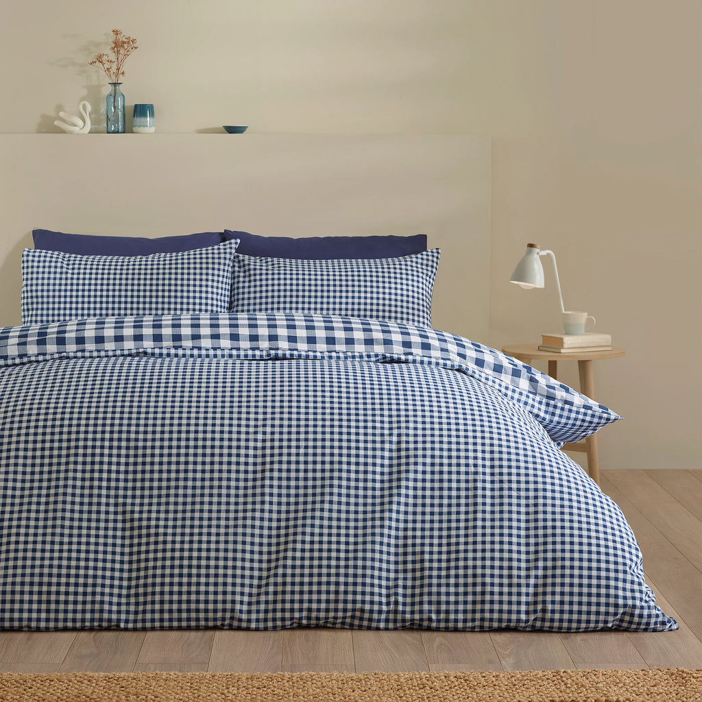 Catherine Lansfield Navy Blue Bamford Gingham Check Reversible Duvet Cover Set