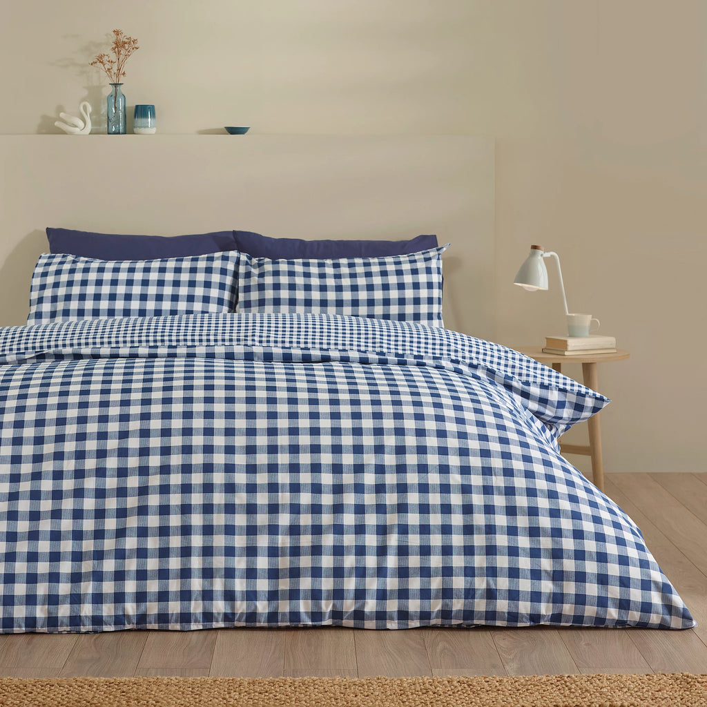 Catherine Lansfield Navy Blue Bamford Gingham Check Reversible Duvet Cover Set