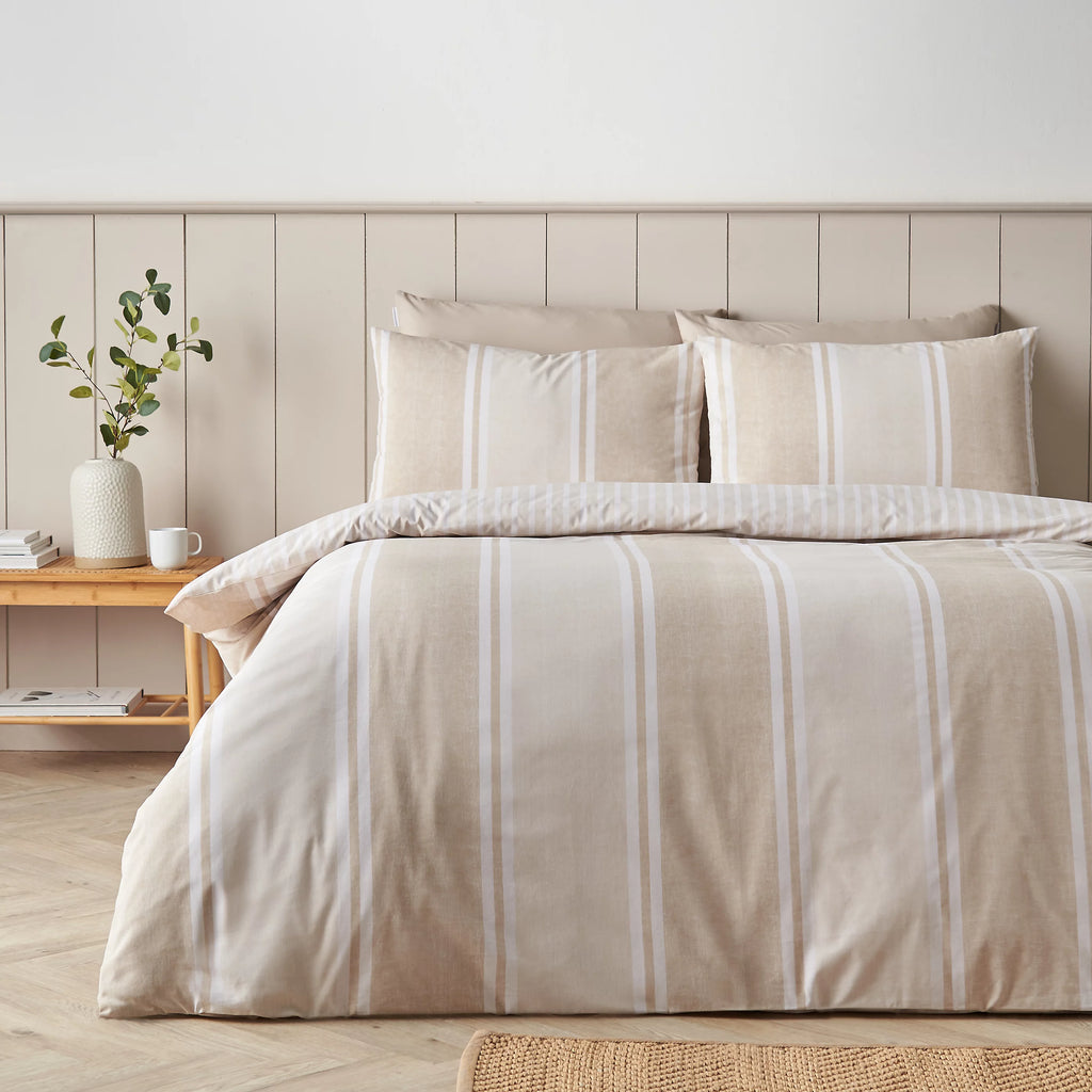 Catherine Lansfield Banded Stripe Reversible Duvet Cover Set Natural