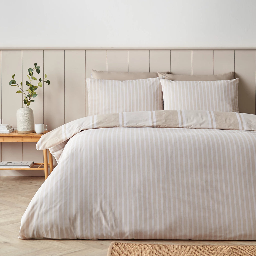 Catherine Lansfield Banded Stripe Reversible Duvet Cover Set Natural
