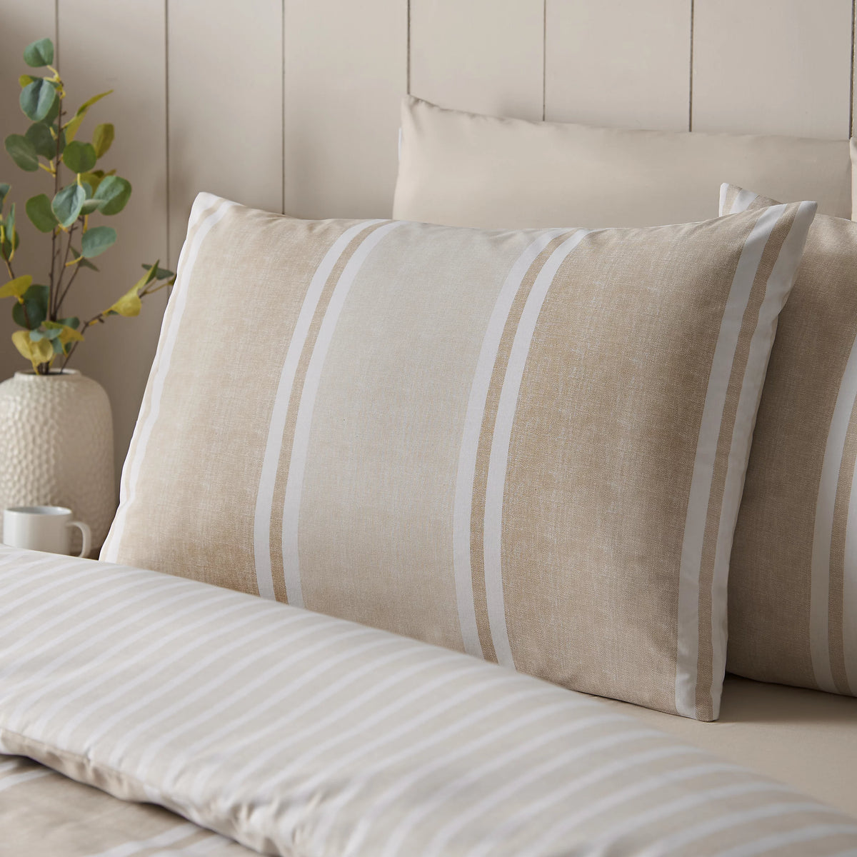 Catherine Lansfield Banded Stripe Reversible Duvet Cover Set Natural