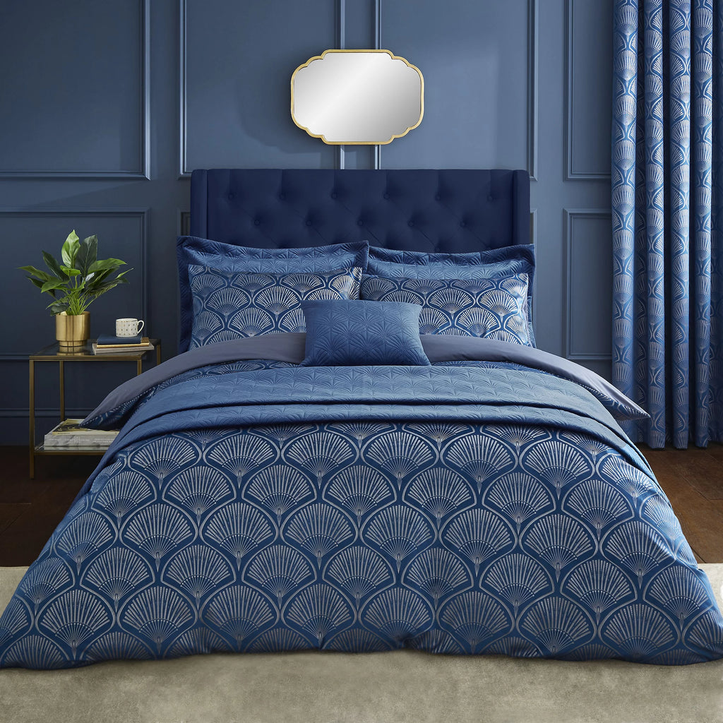 Catherine Lansfield Art Deco Pearl Embellished Duvet Cover Set Navy Blue