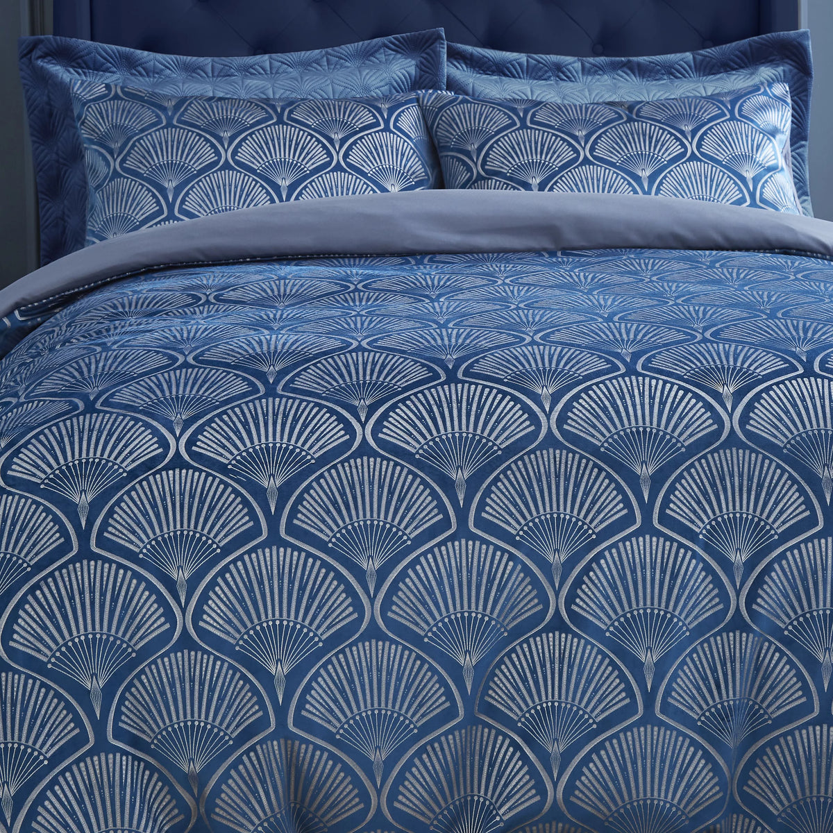 Catherine Lansfield Art Deco Pearl Embellished Duvet Cover Set Navy Blue