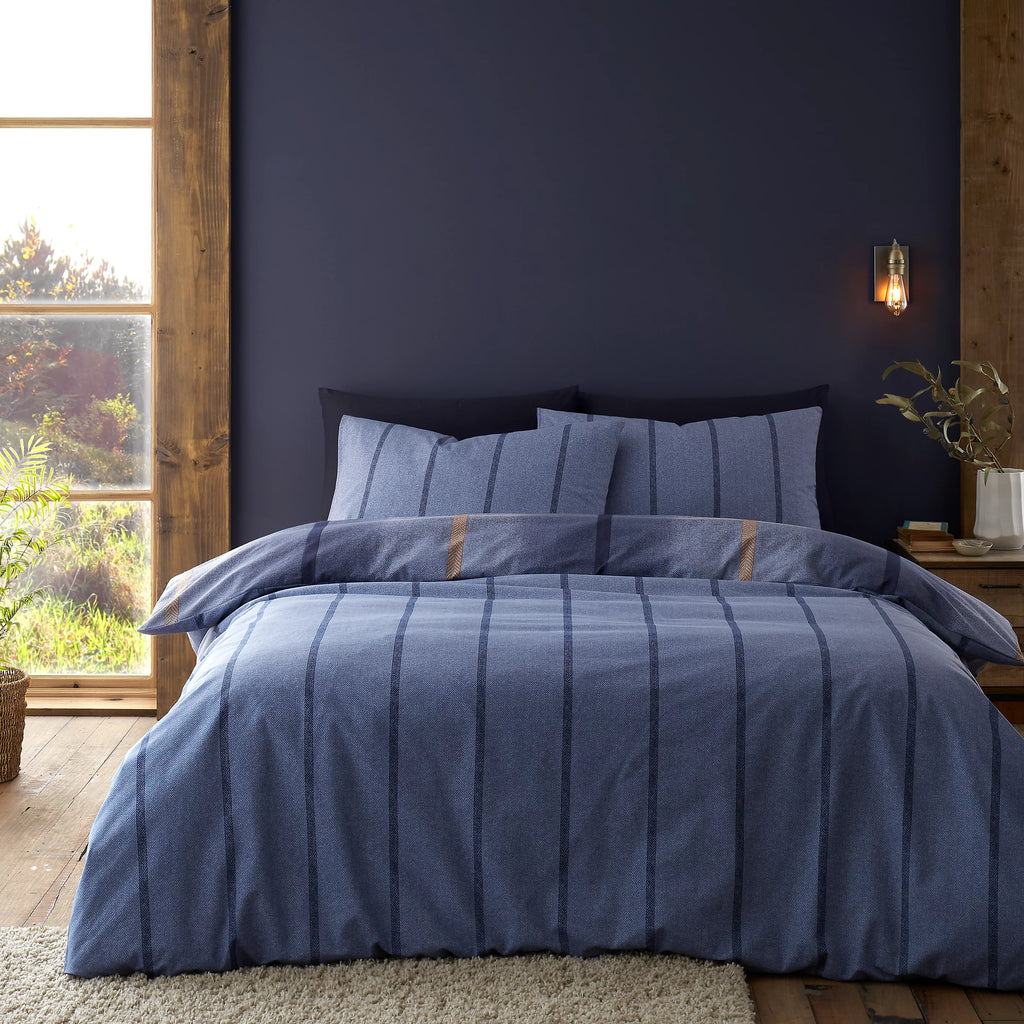 Catherine Lansfield Melrose Tweed Check Blue Brushed Cotton Duvet Set