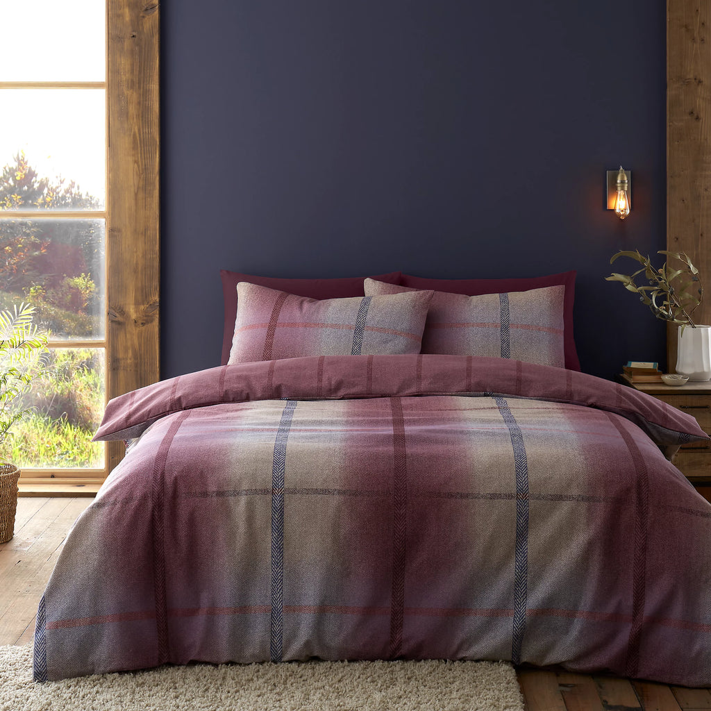 Catherine Lansfield Melrose Tweed Check Plum Brushed Cotton Duvet Set
