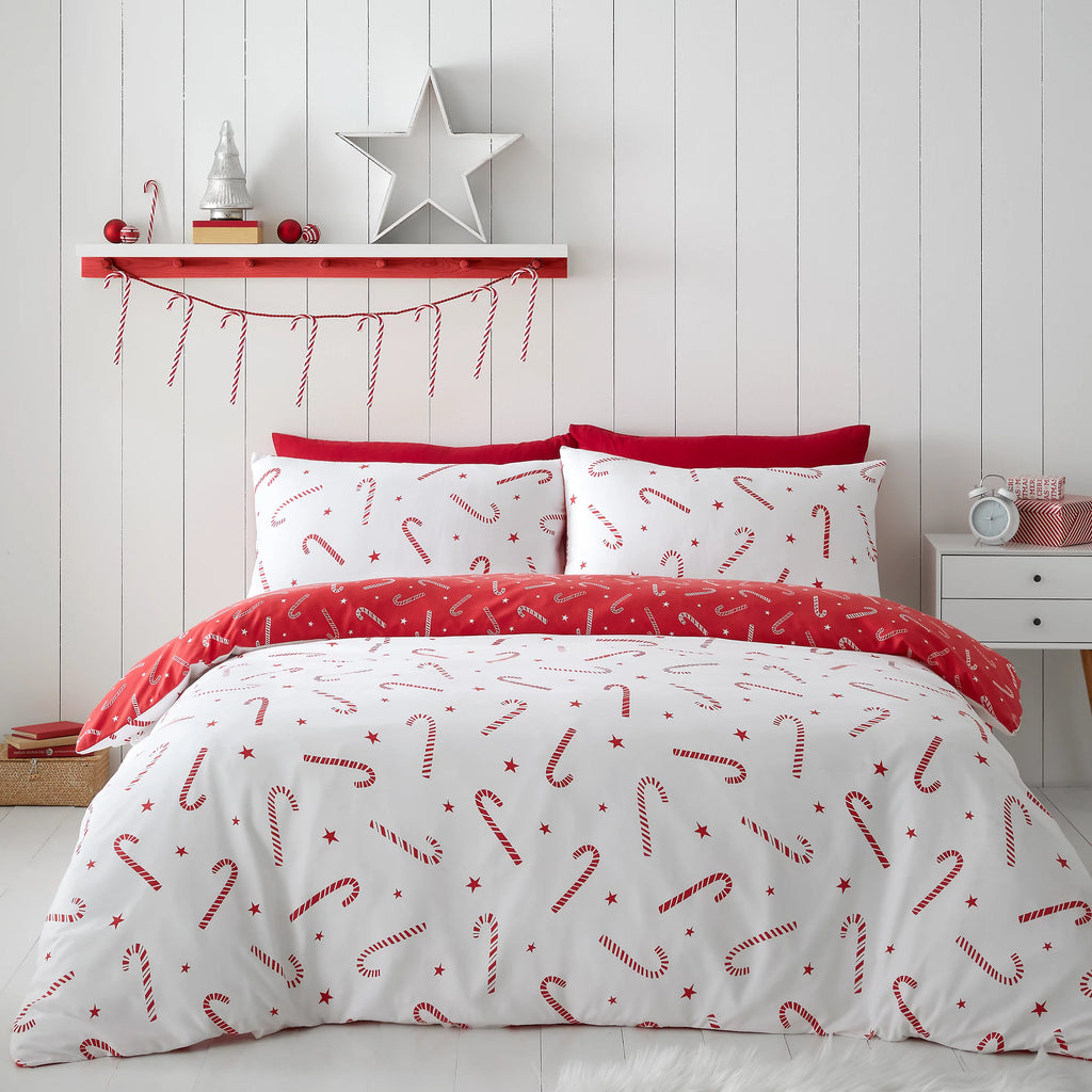 Catherine Lansfield Red White Christmas Candy Cane Duvet Cover Set