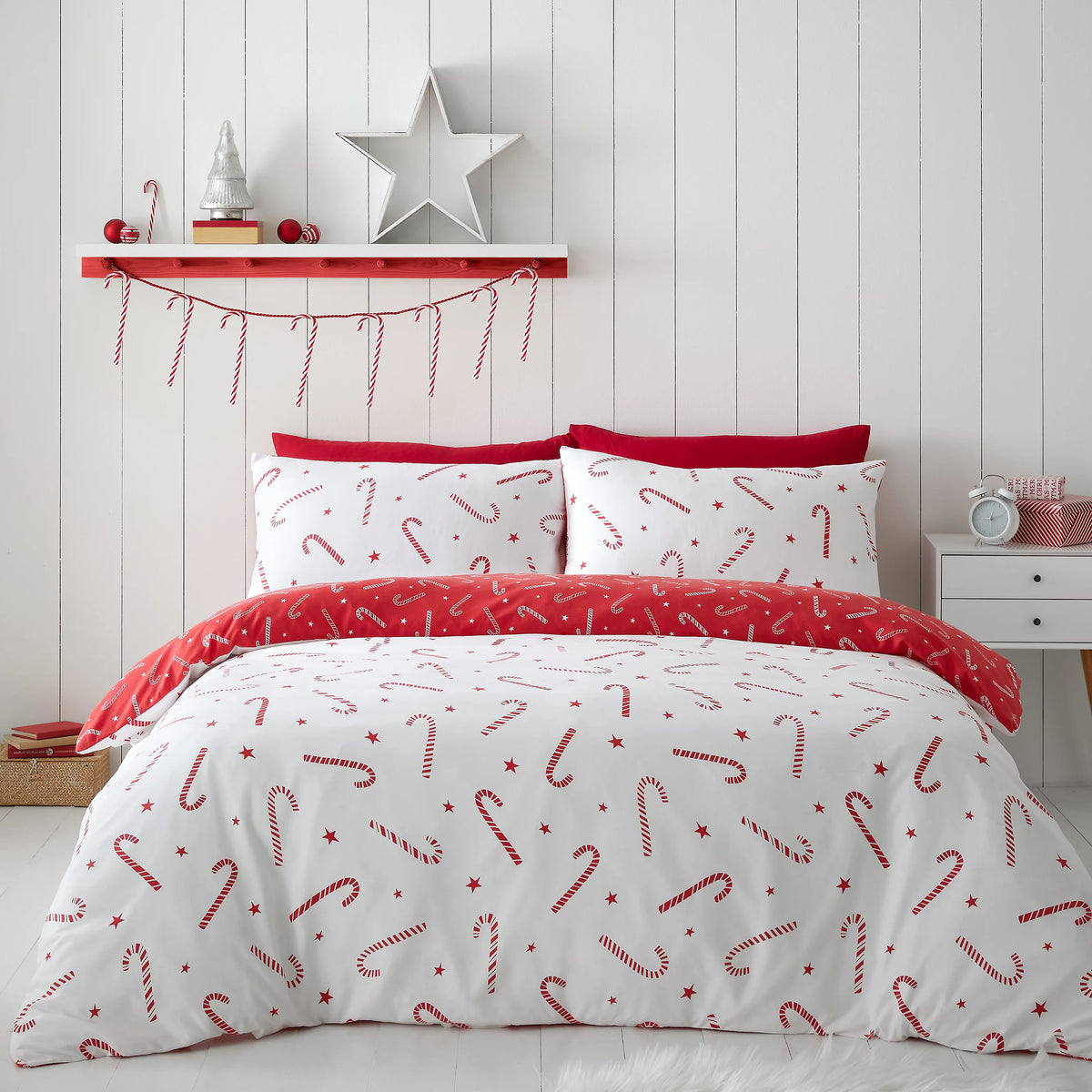 Catherine Lansfield Red White Christmas Candy Cane Duvet Cover Set