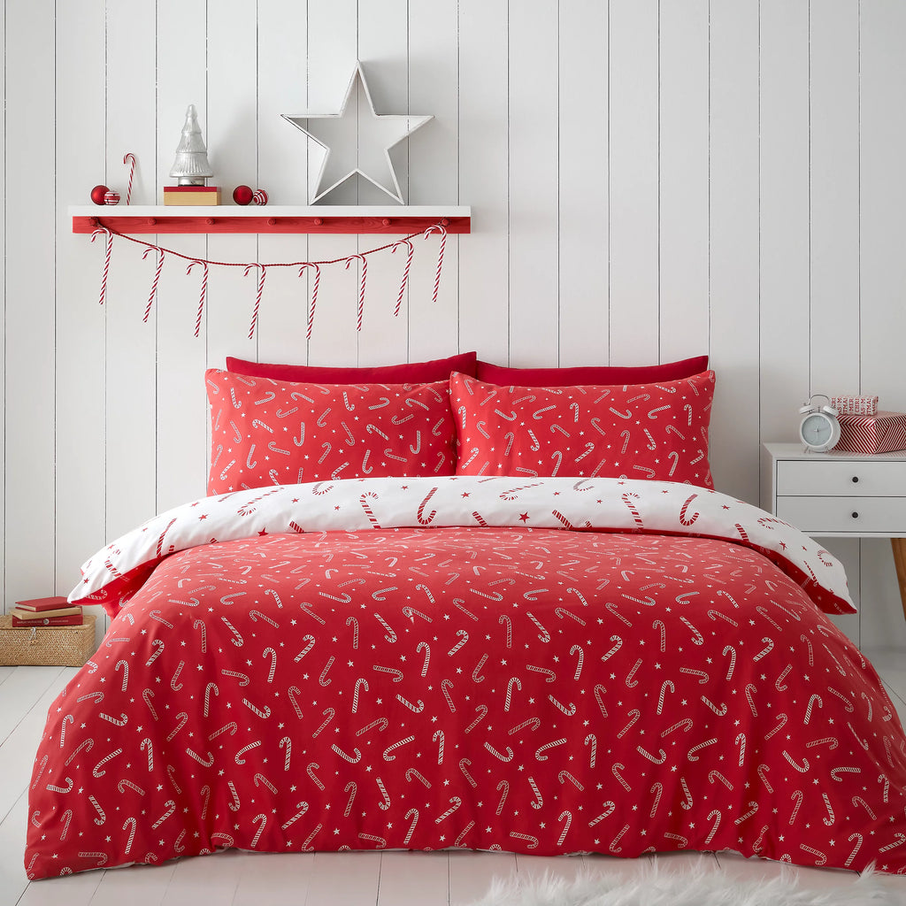 Catherine Lansfield Red White Christmas Candy Cane Duvet Cover Set