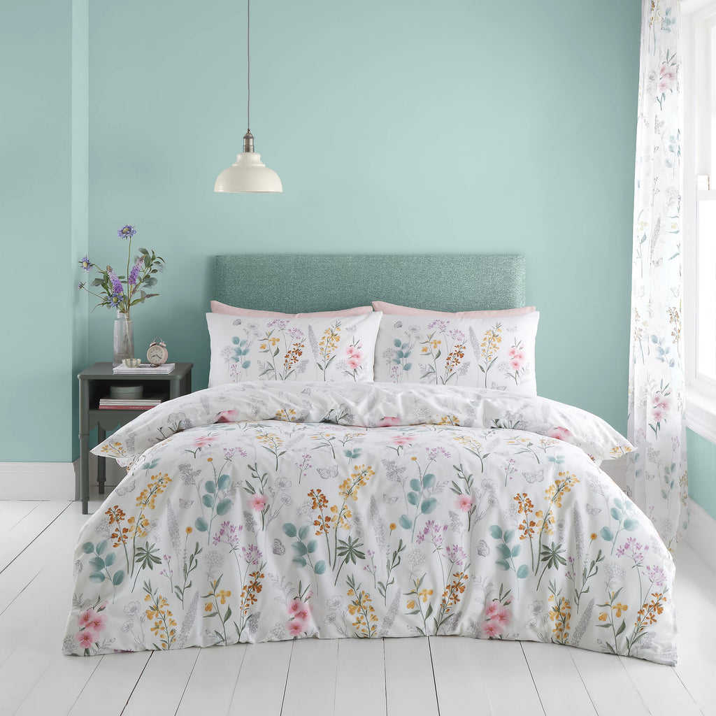 Catherine Lansfield White/Green Emilia Floral Reversible Duvet Cover Set