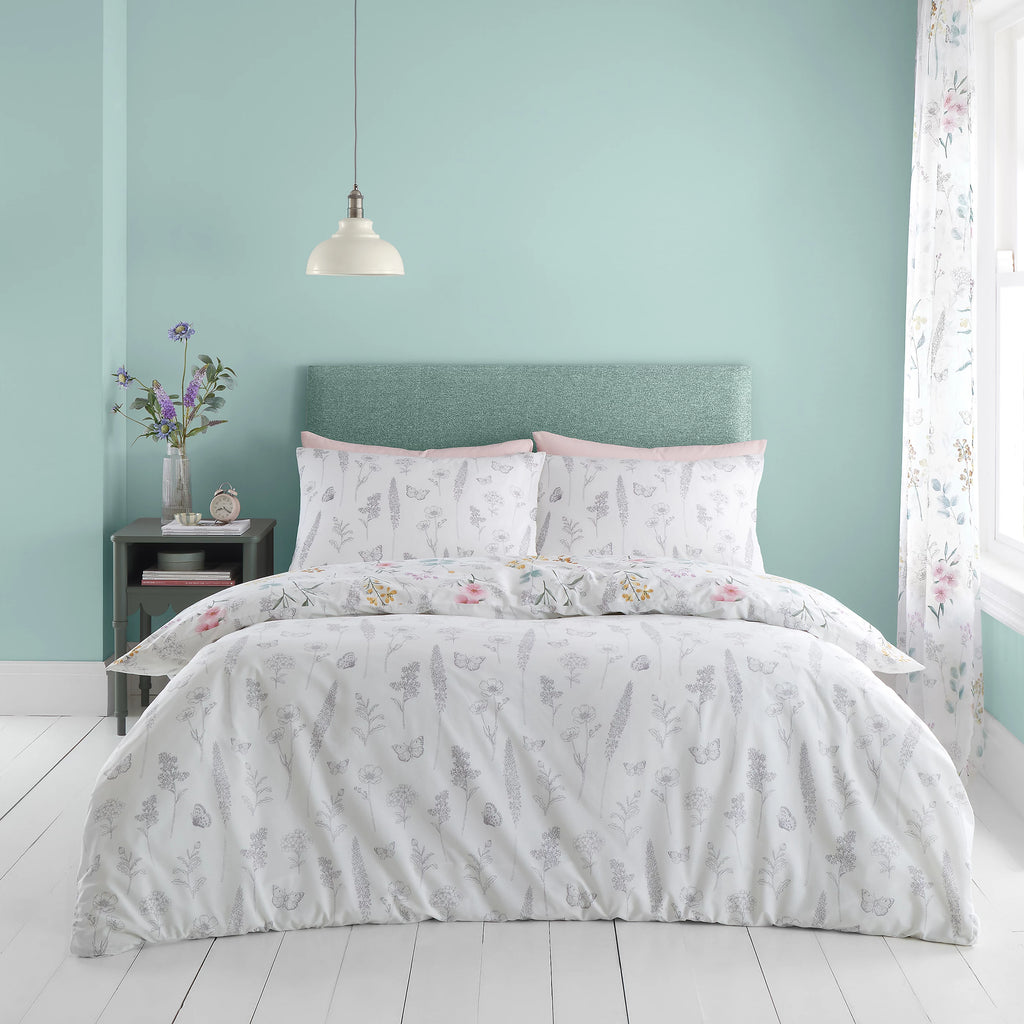 Catherine Lansfield White/Green Emilia Floral Reversible Duvet Cover Set