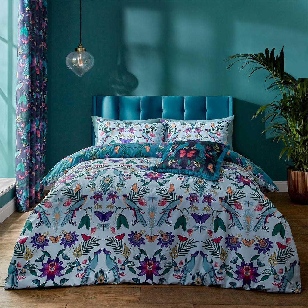 Catherine Lansfield Mya Tropical Floral Reversible Duvet Cover Set Duck Egg Blue
