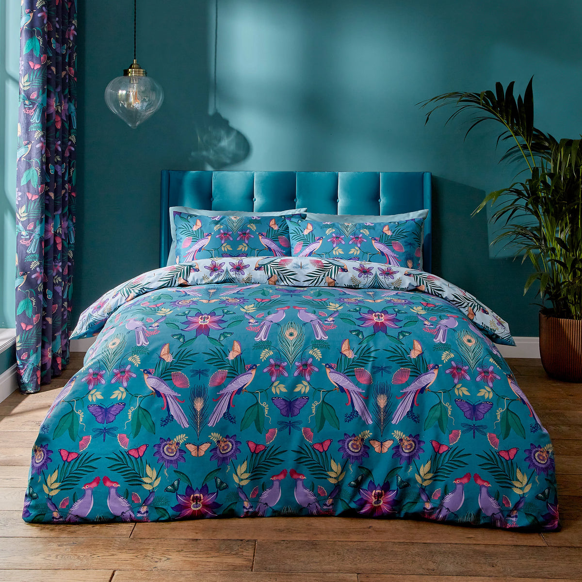 Catherine Lansfield Mya Tropical Floral Reversible Duvet Cover Set Duck Egg Blue