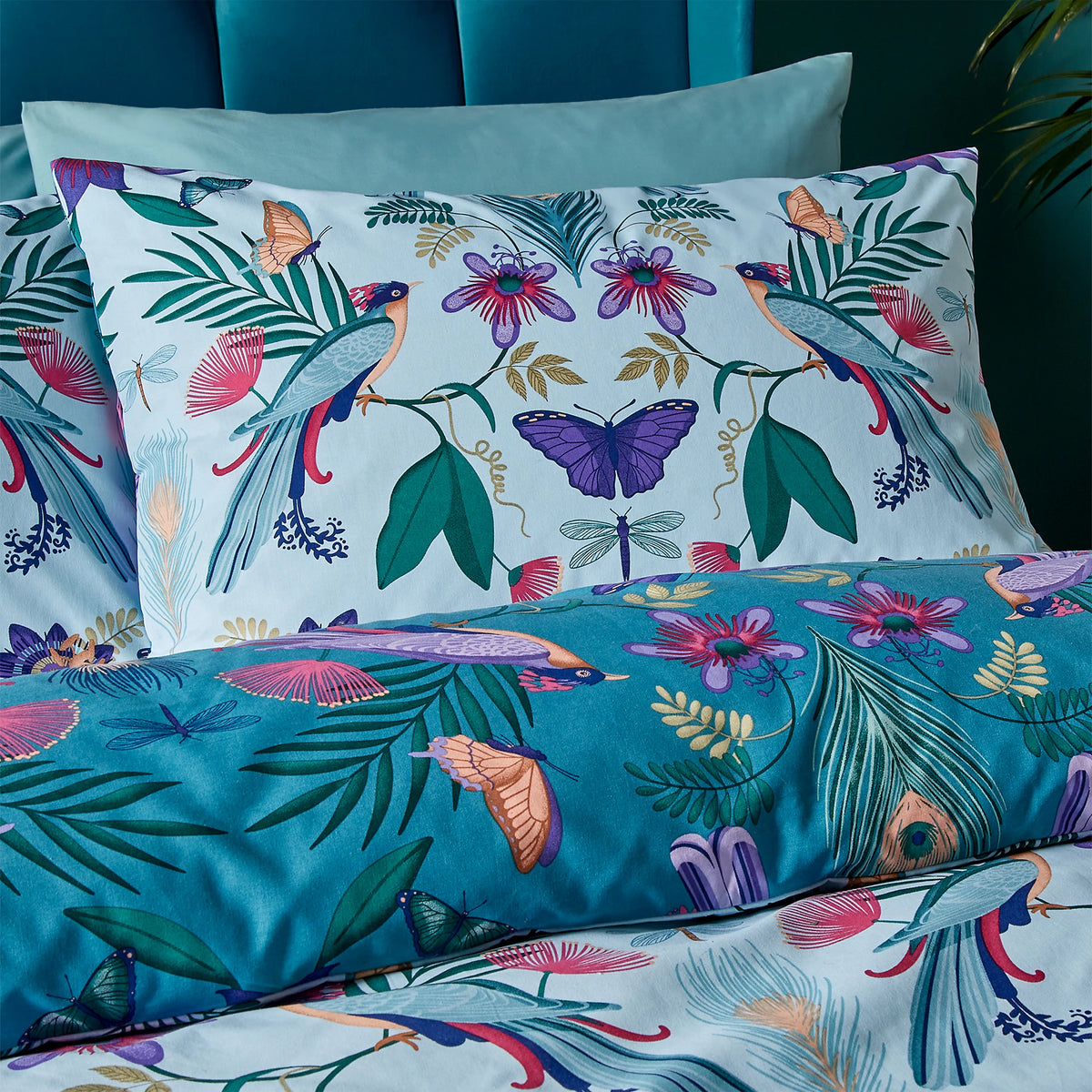 Catherine Lansfield Mya Tropical Floral Reversible Duvet Cover Set Duck Egg Blue