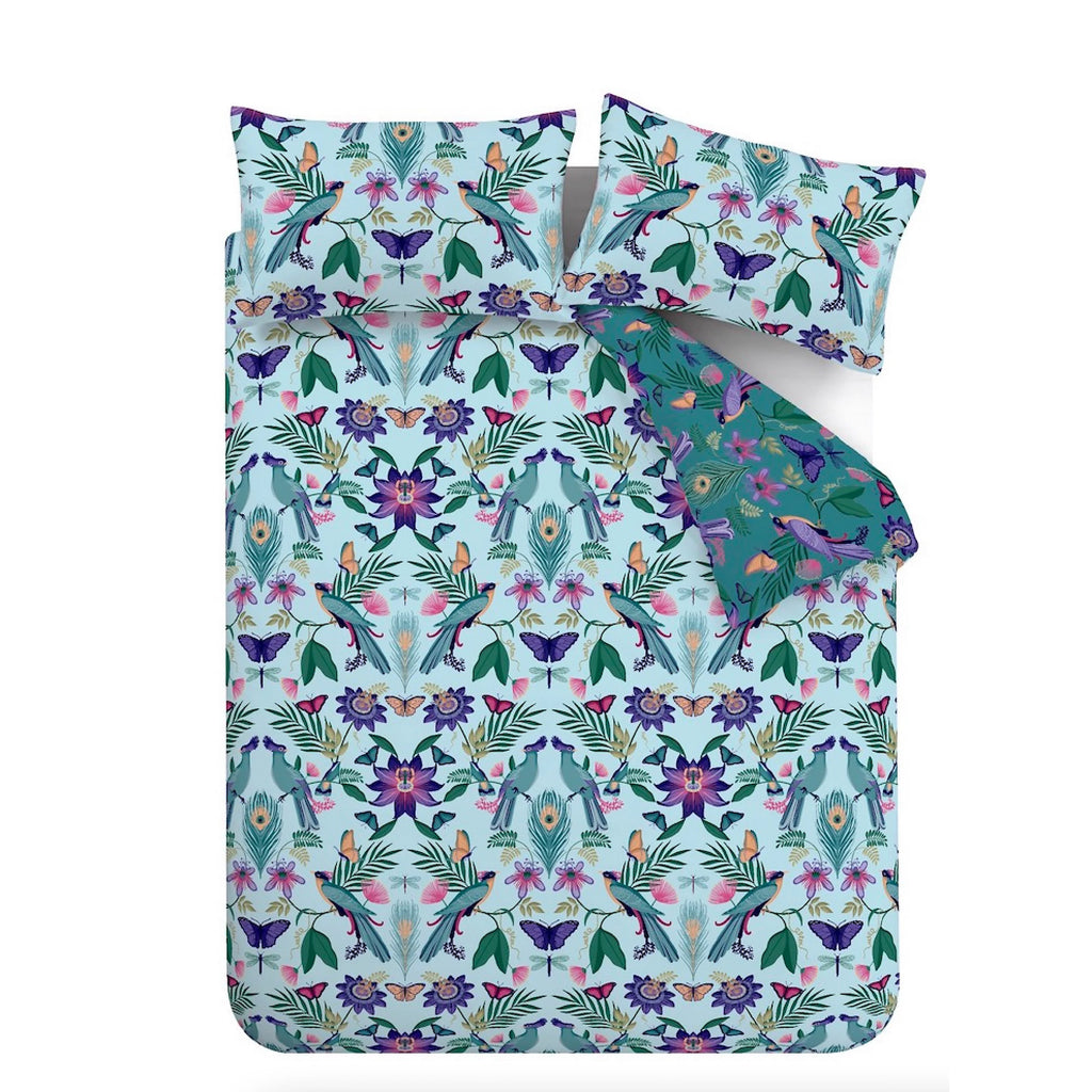 Catherine Lansfield Mya Tropical Floral Reversible Duvet Cover Set Duck Egg Blue
