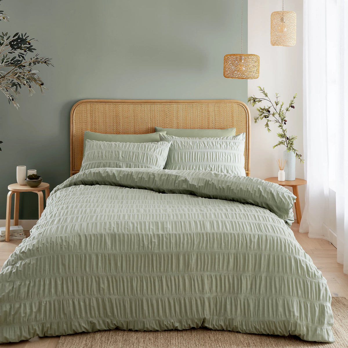 Catherine Lansfield Seersucker Duvet Cover Set Sage Green