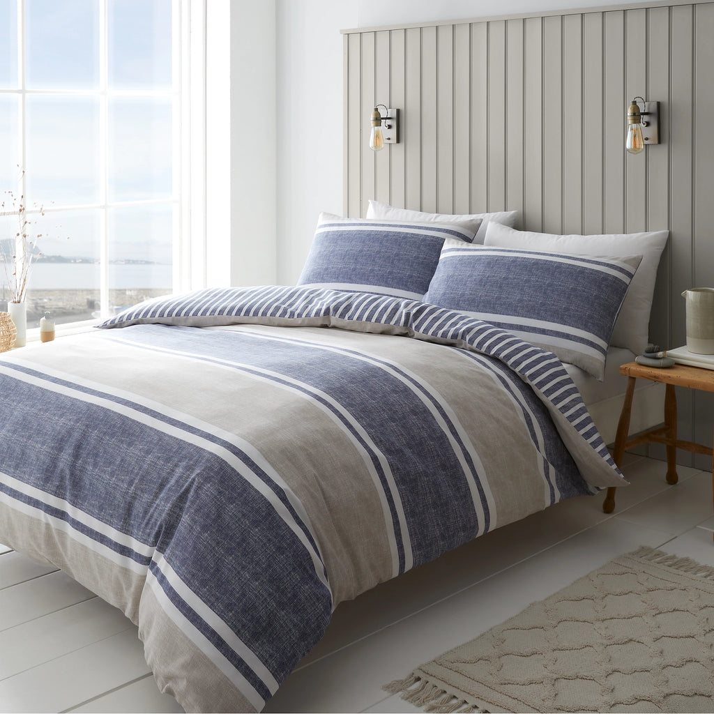 Catherine Lansfield Textured Banded Stripe Duvet Cover Set Blue