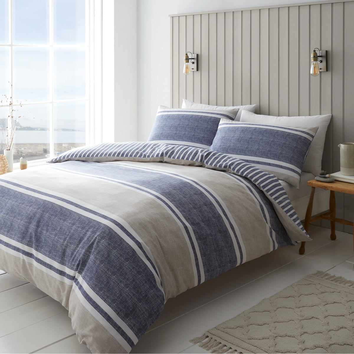 Catherine Lansfield Textured Banded Stripe Duvet Cover Set Blue