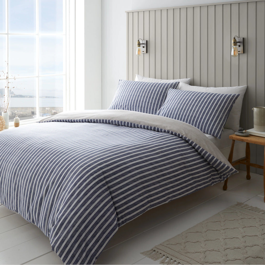Catherine Lansfield Textured Banded Stripe Duvet Cover Set Blue