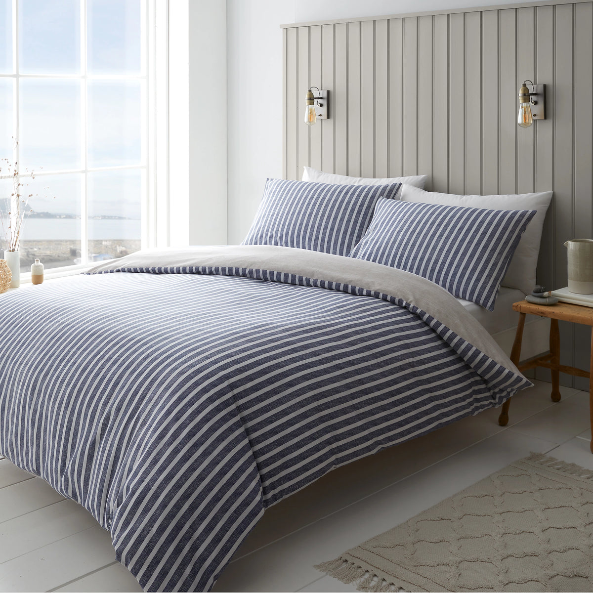 Catherine Lansfield Textured Banded Stripe Duvet Cover Set Blue