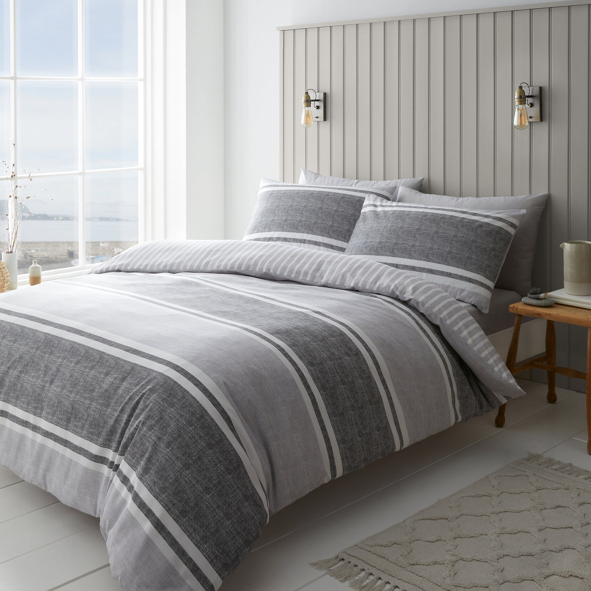 Catherine Lansfield Textured Banded Stripe Duvet Set Charcoal Grey