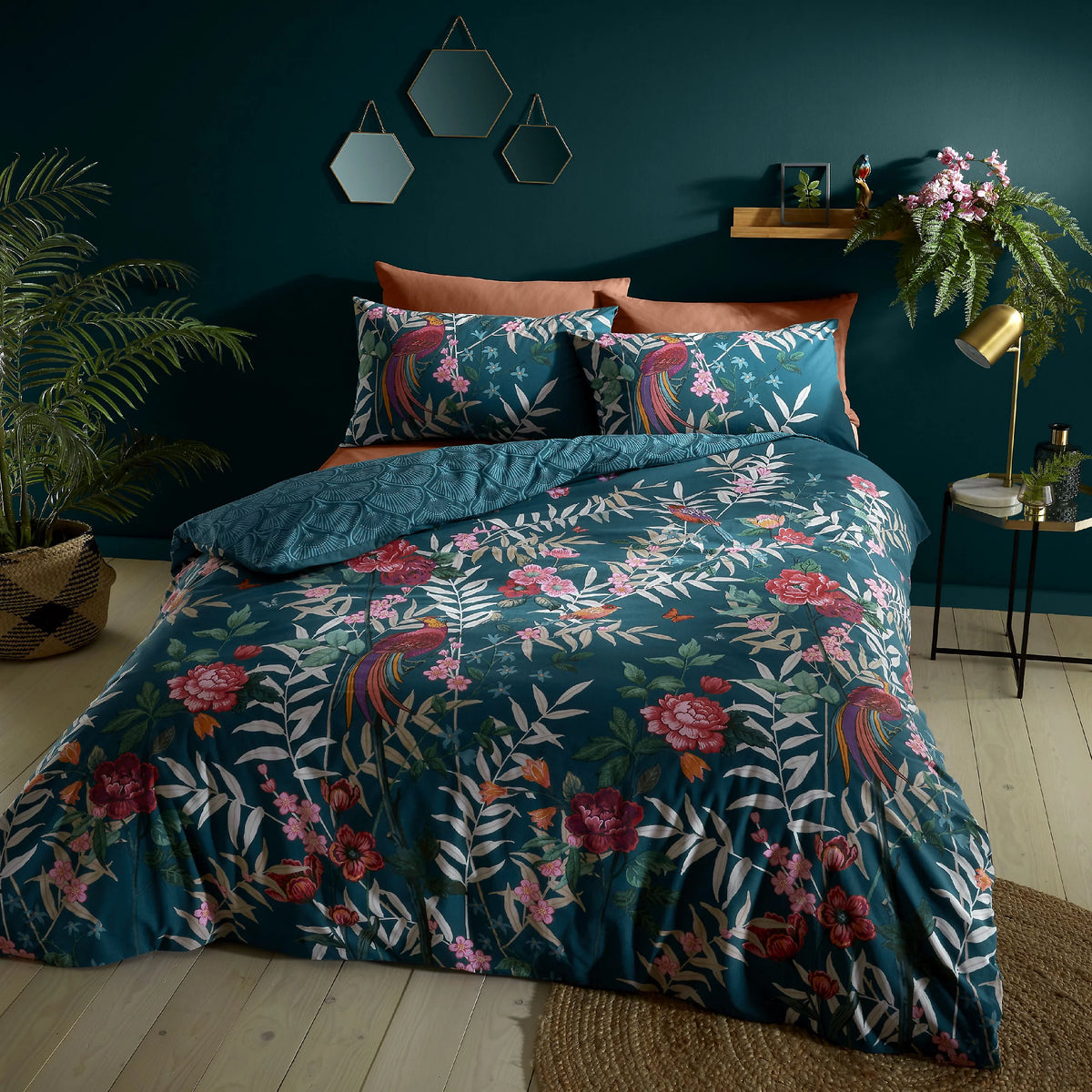Catherine Lansfield Tropical Floral Birds Duvet Cover Set Green