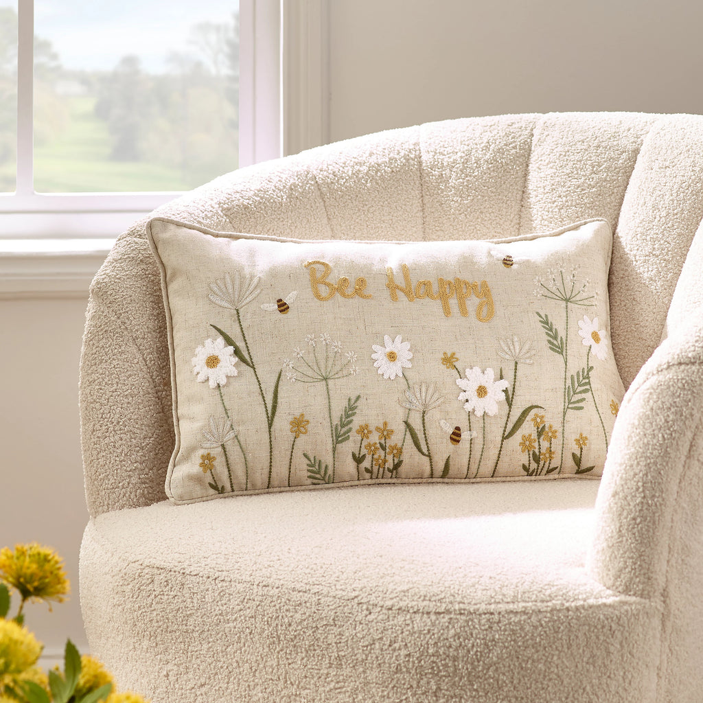 Catherine Lansfield Bee Happy Embroidered 30x50cm Cushion Natural
