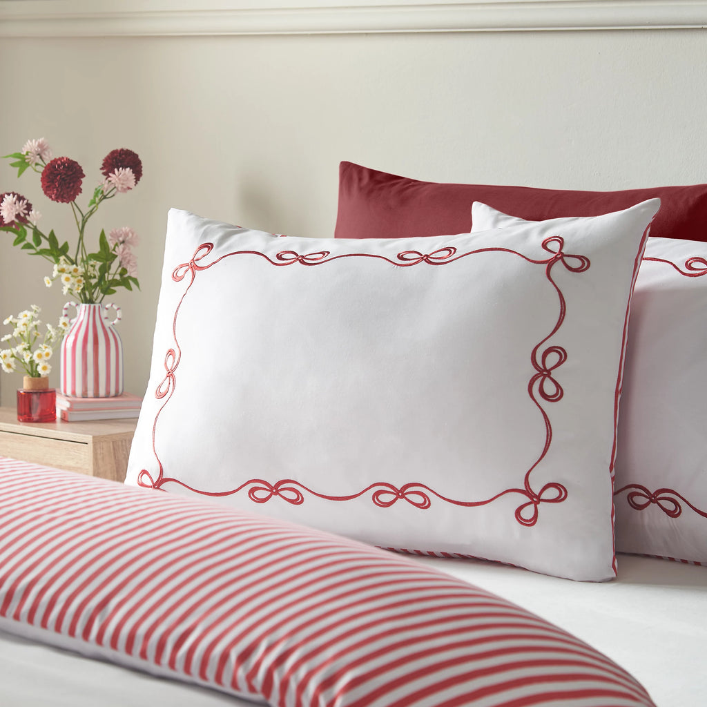 Catherine Lansfield Bow Embroidery White Red Duvet Cover Set