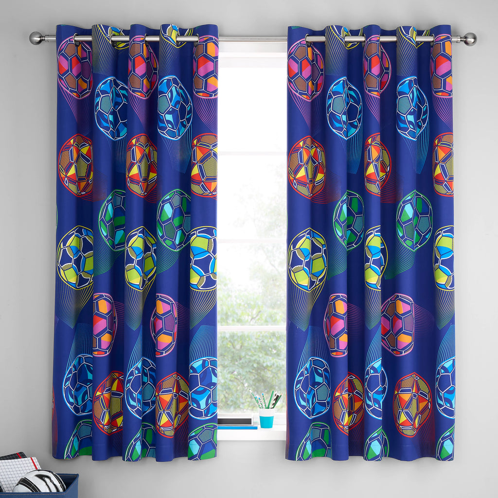 Catherine Lansfield Bright Football Fully Reversible Eyelet Curtains in Navy Blue 66 x 72 Inch