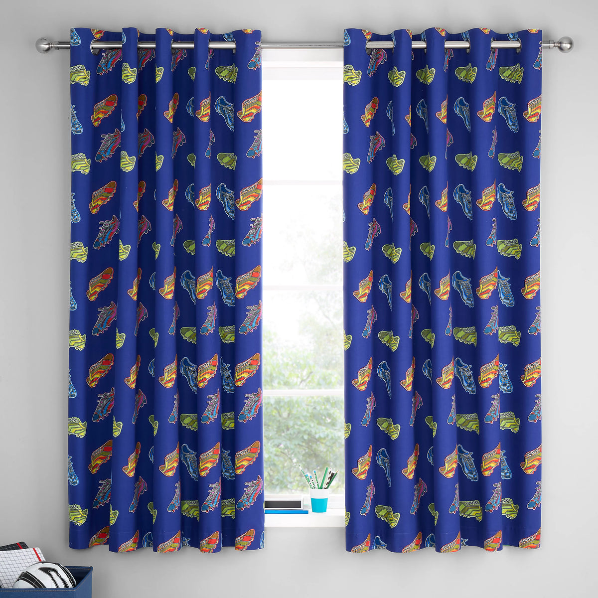 Catherine Lansfield Bright Football Fully Reversible Eyelet Curtains in Navy Blue 66 x 72 Inch
