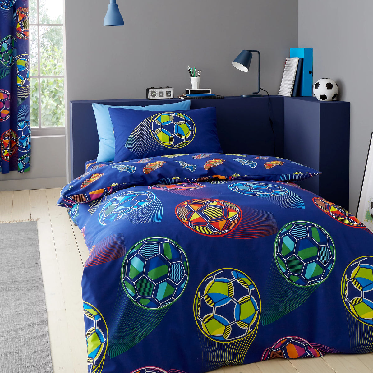 Catherine Lansfield Bright Football Reversible Duvet Cover Set in Navy Blue