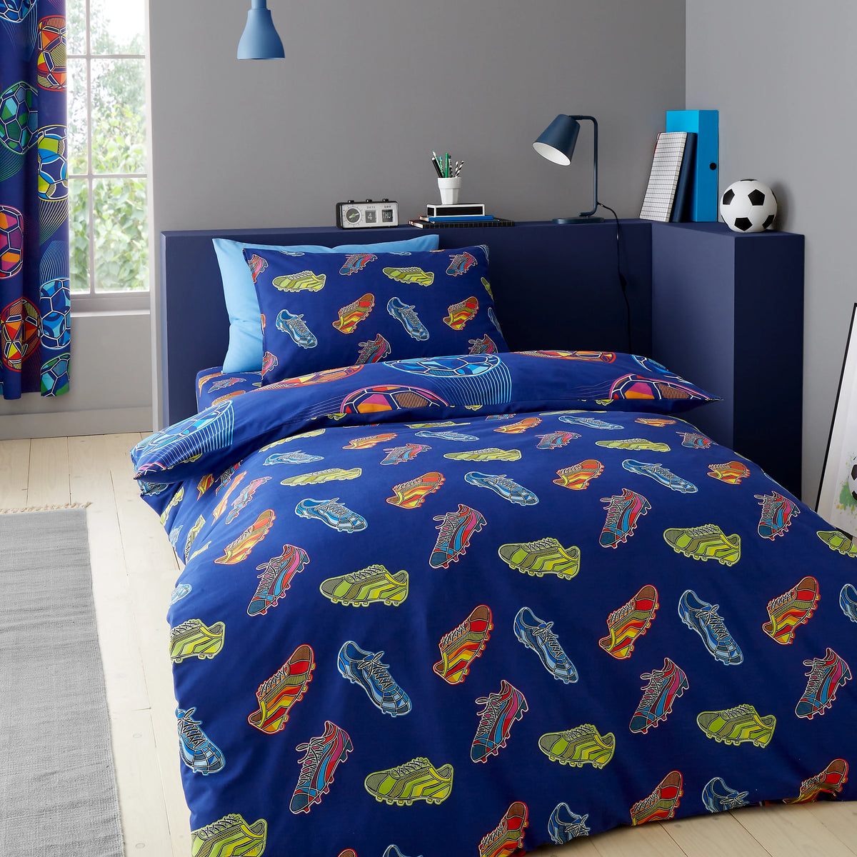 Catherine Lansfield Bright Football Reversible Duvet Cover Set in Navy Blue