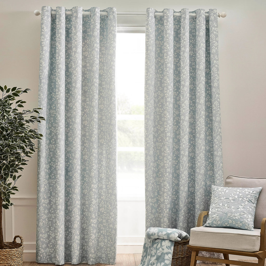 Catherine Lansfield Brooke Floral Lined Eyelet Curtains in Duck Egg Blue