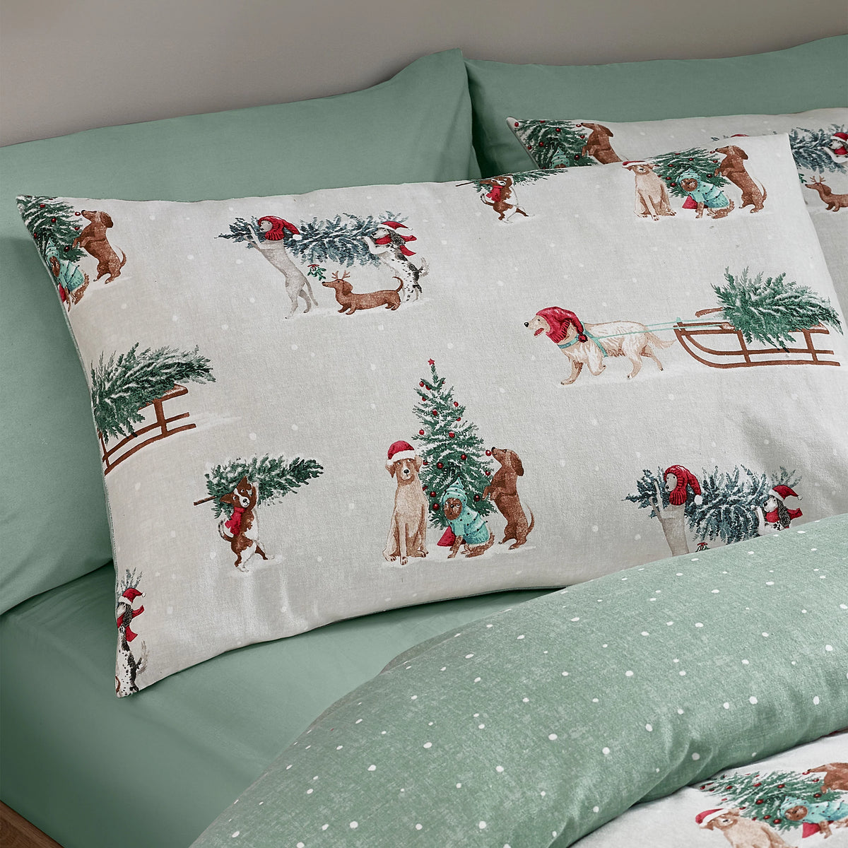 Catherine Lansfield Brushed 100% Cotton Christmas Dogs Duvet Cover Set