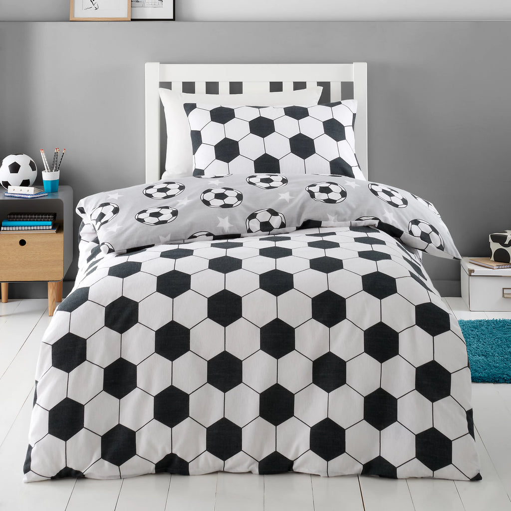 Catherine Lansfield Supersoft 100% Brushed Cotton Football Reversible Duvet Cover Set in Grey