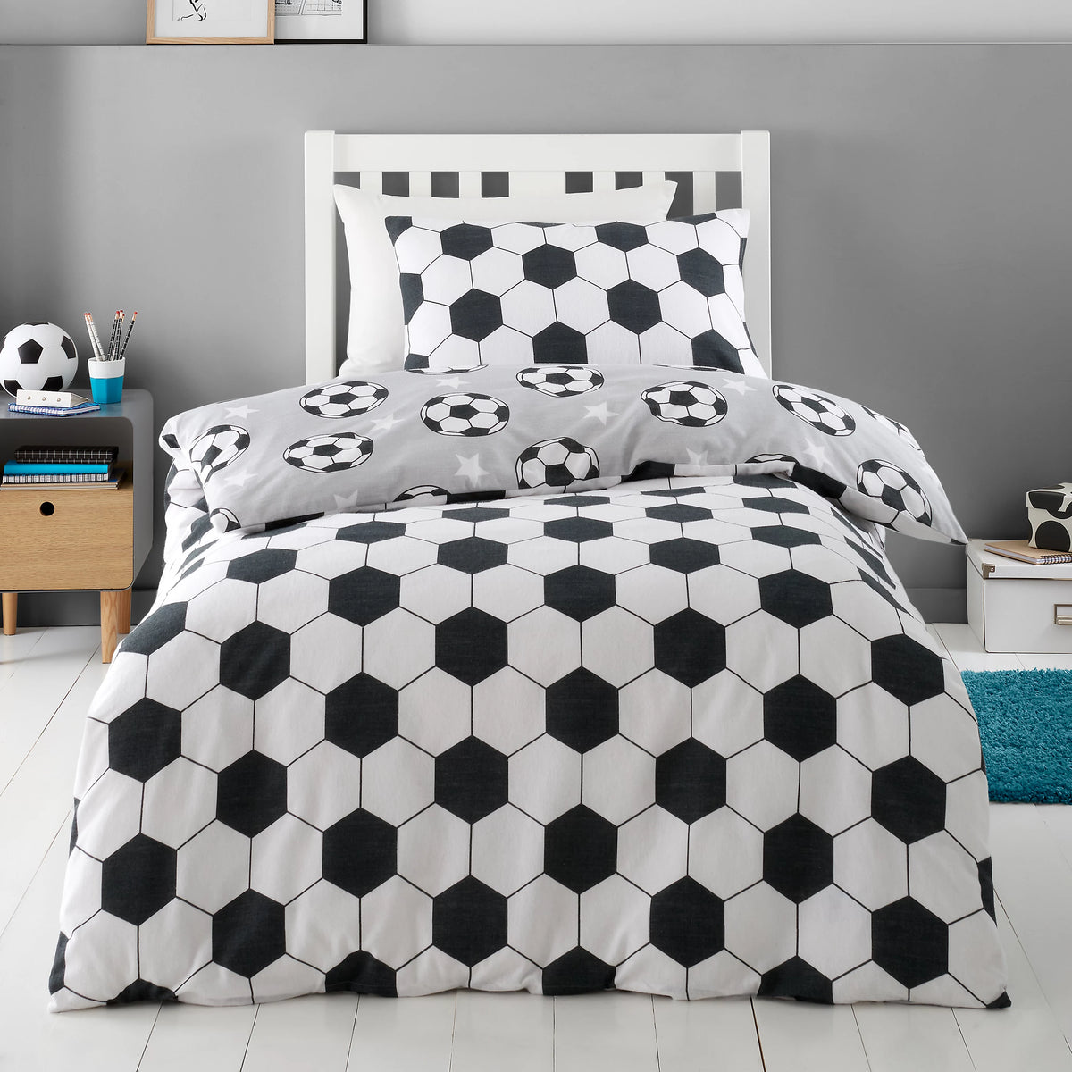 Catherine Lansfield Supersoft 100% Brushed Cotton Football Reversible Duvet Cover Set in Grey
